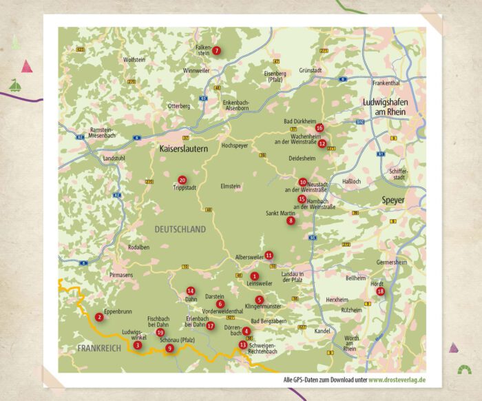 Übersichtskarte der 20 Wanderungen für Seele in der Pfalz