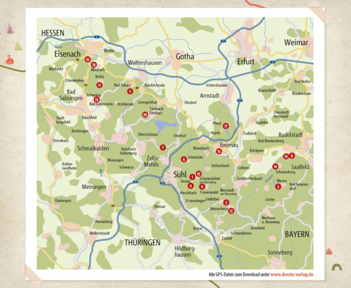 Übersichtskarte der 20 Wanderungen für Seele im Thüringer Wald